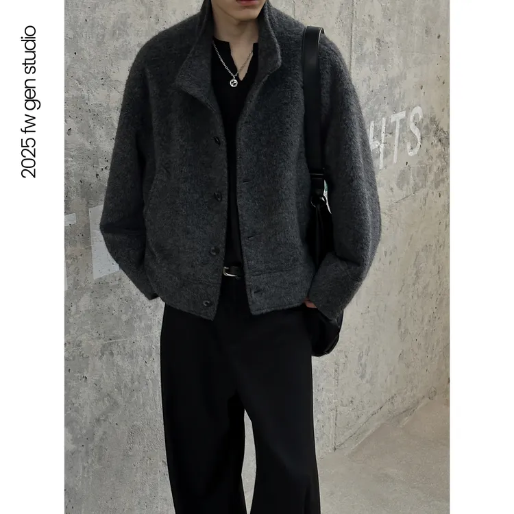 GEN 【38羊驼毛加鹅绒】慵懒痞帅风立领呢子大男士毛呢外套男J95550