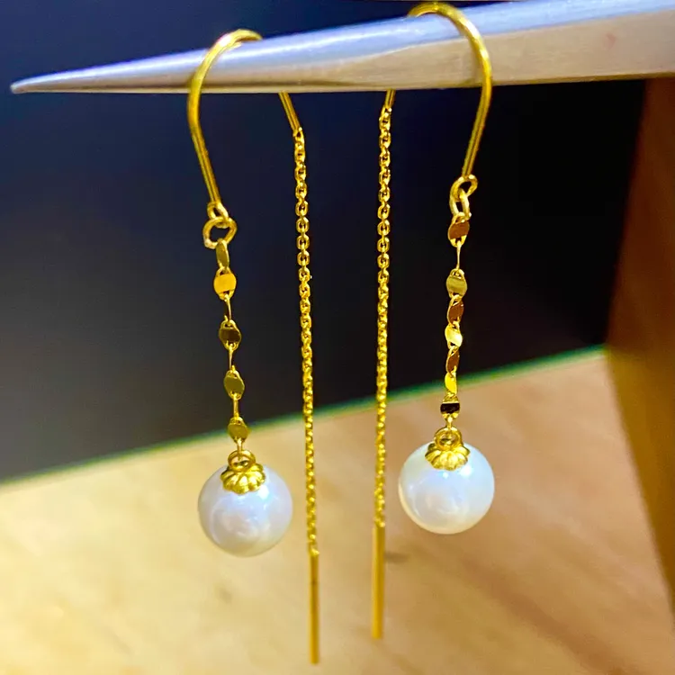 原创 18k金珍珠近正圆强光耳饰耳钩线防丢U型耳线耳坠 8mm