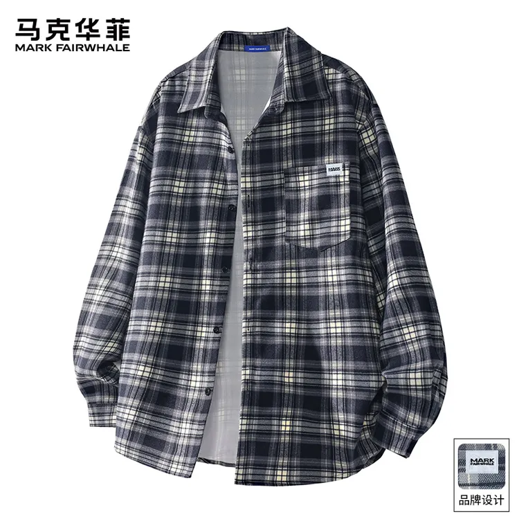 马克华菲美式格子长袖衬衫男士秋季新款潮牌宽松翻领百搭衬衣外套