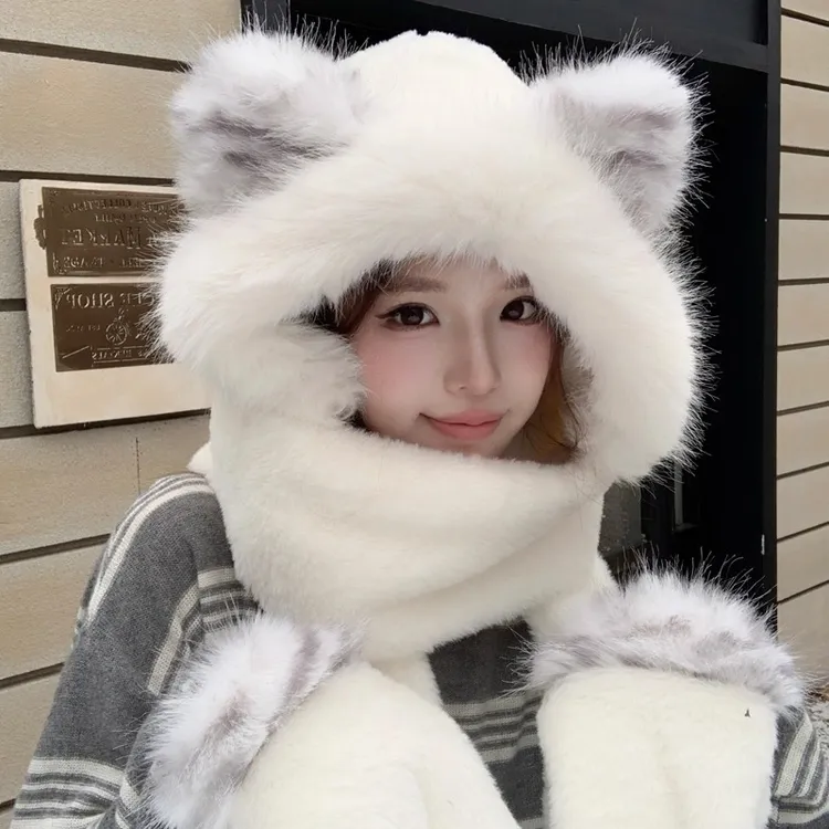 可爱狐狸防风帽子女冬季围巾手套一体加厚保暖毛绒围脖骑可爱防风