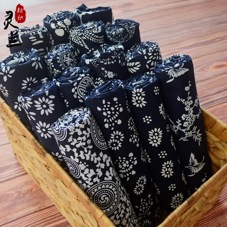 灵兰纯棉活性印染青花布 乌镇蓝印花布仿蜡染棉布布料 桌布沙发