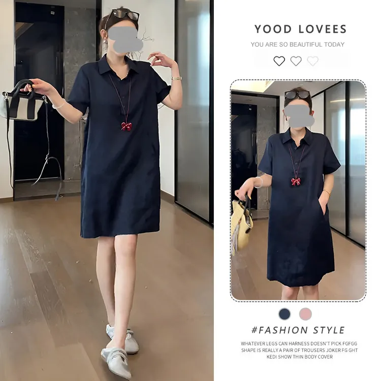 高级感休闲连衣裙女2025夏季新款中长款宽松遮肉减龄短袖气质裙子
