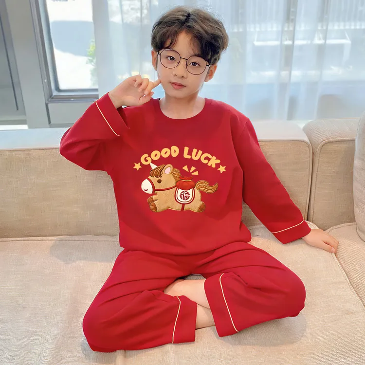 2026新款男童睡衣春秋儿童长袖新年大红马年喜庆中大童家居服套装