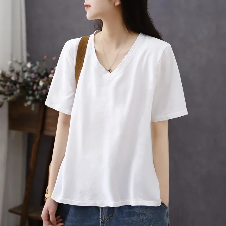 纯棉V领短袖女士T恤打底衫2025春夏新款宽松鸡心领大码内搭女上衣