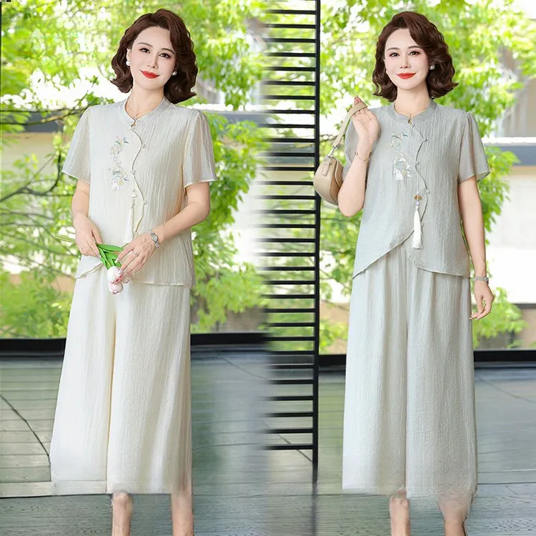 俞兆林新中式国风上衣妈妈夏装套装2025新款夏季短袖中老年女装