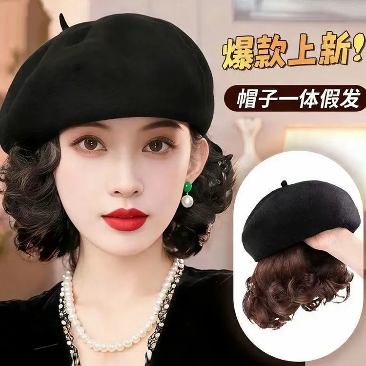 新款减龄帽子假发头套时尚洋气秋冬贝雷帽一体式妈妈梨花烫短卷发