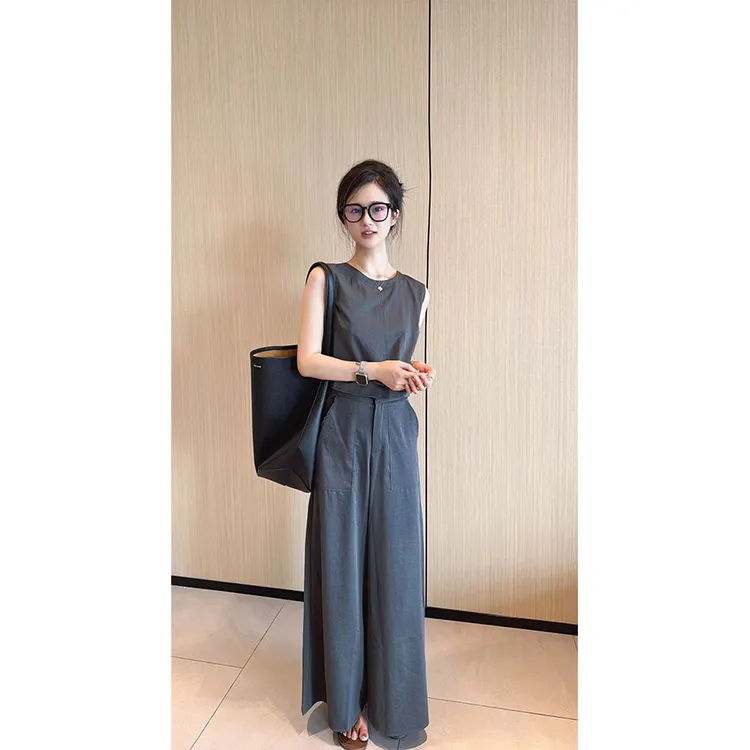 众和梦韩系夏季新款两件套短款上衣高腰阔腿裤时尚显瘦气质小众