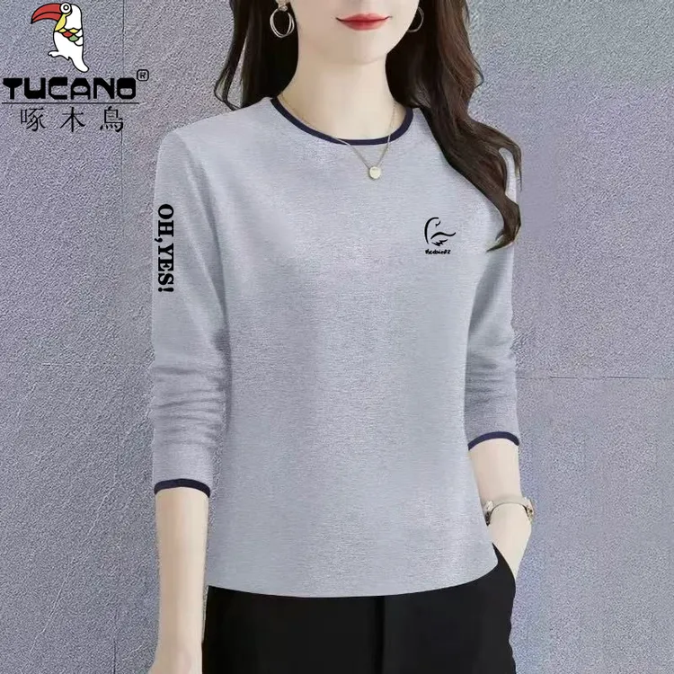 啄木鸟纯棉长袖打底休闲风INS风女款秋冬气质T恤百搭洋气时尚大码
