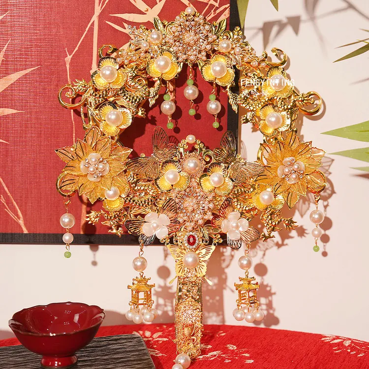 古典扇子女古风金色镂空成品团扇宫廷秀禾服汉服新娘结婚配饰子黔
