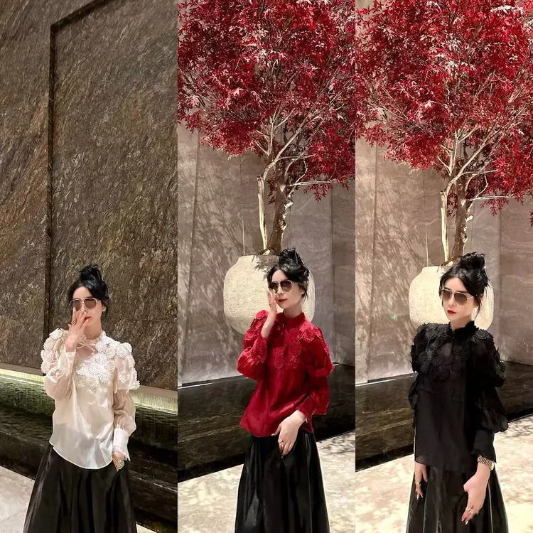 DL乐乐家【秋日原野】早秋新款百搭圆领纯色上衣女重工绝美减龄衬衫