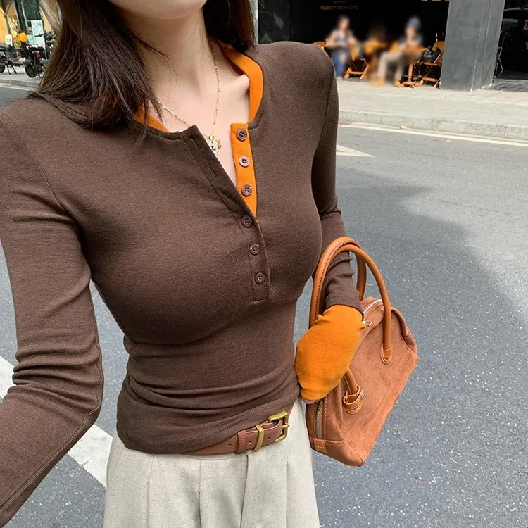 假两件拼色设计感内搭修身打底衫女秋冬辣妹长袖t恤上衣
