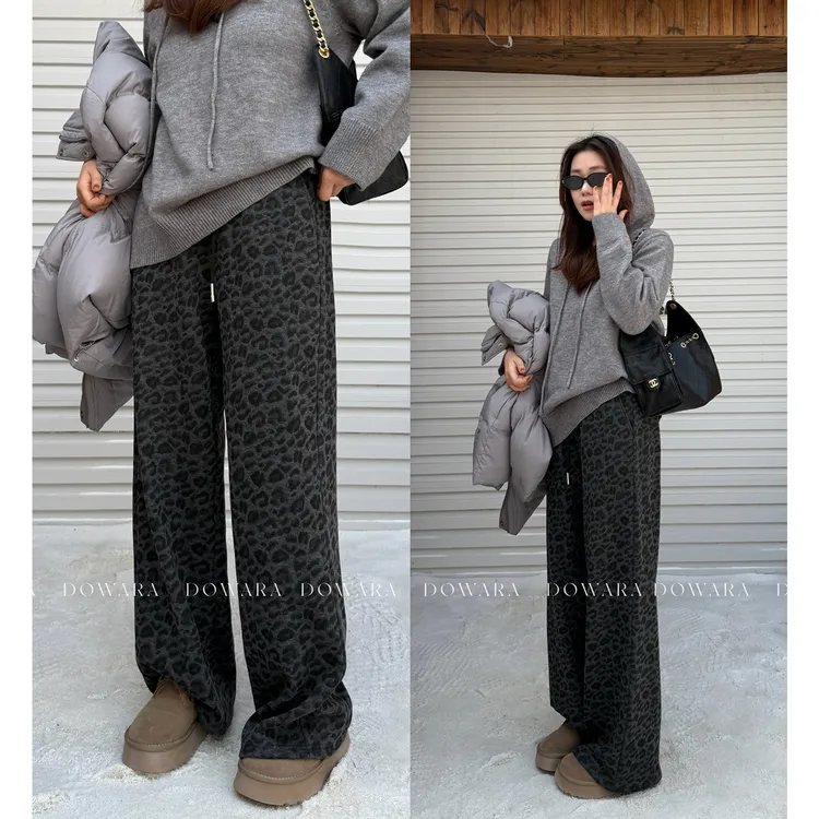 大婉酱微胖定制【豹走时刻】豹纹加绒休闲裤冬季高腰直筒长裤0477D 