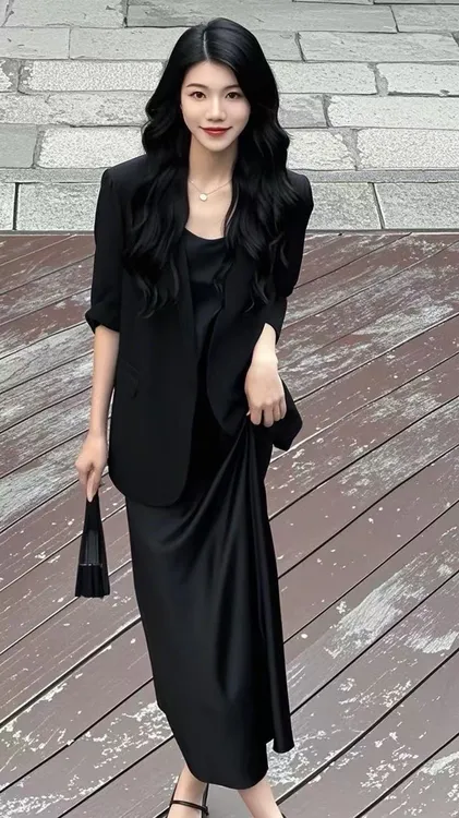 早春气质缎面西装吊带连衣裙轻奢高级感套装女