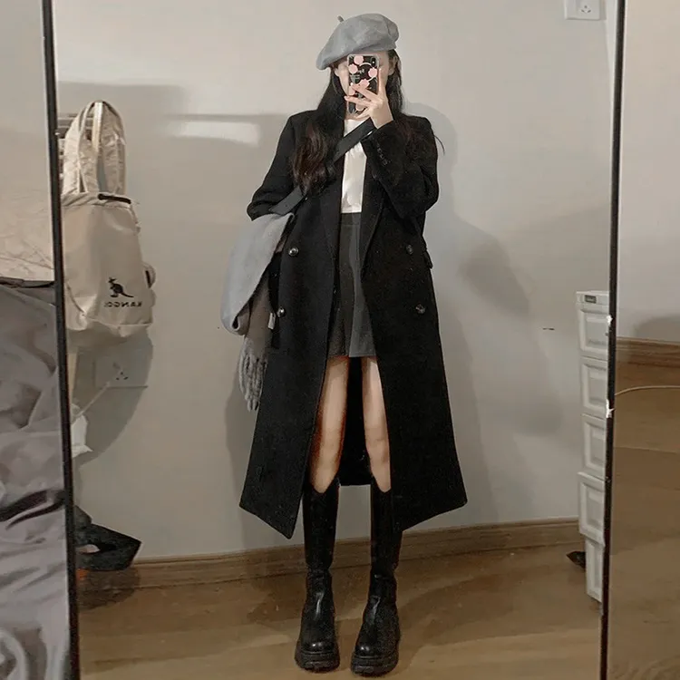 黑色毛呢外套女2025秋冬新款韩版正肩赫本风过膝宽松显瘦西装大衣