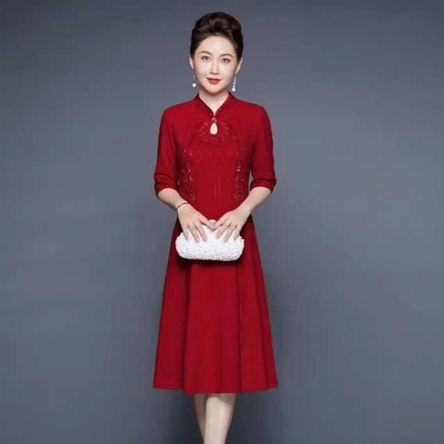 秋季女妈妈装薄款喜婆婆年轻款中袖婚宴礼服高级感婚礼结婚连衣裙