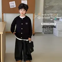 AMY5009男童秋季新款学院风刺绣宝宝针织开衫圆领纯色儿童毛衣