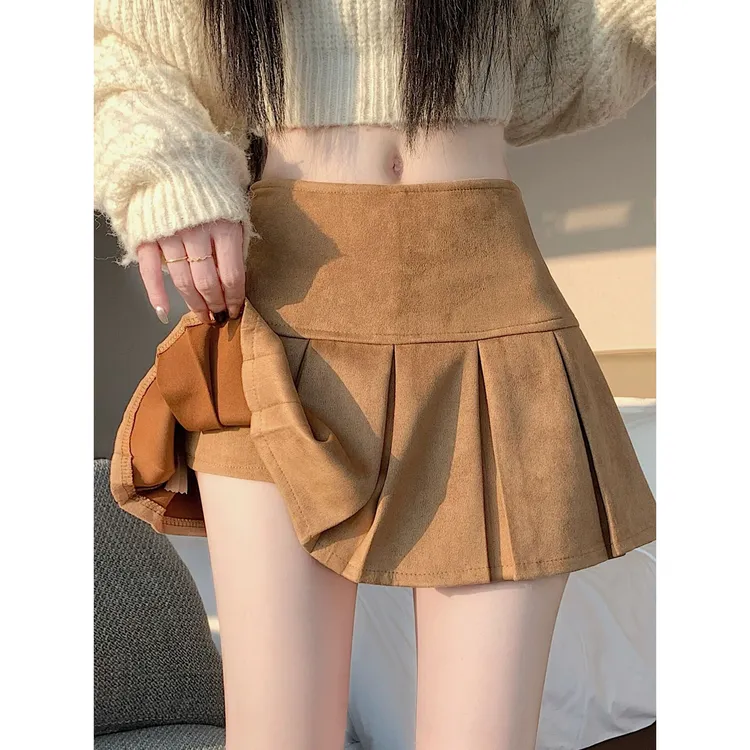 鹿皮绒百褶半身裙女秋冬2025新款小个子高腰显瘦防走光a字短裙裤