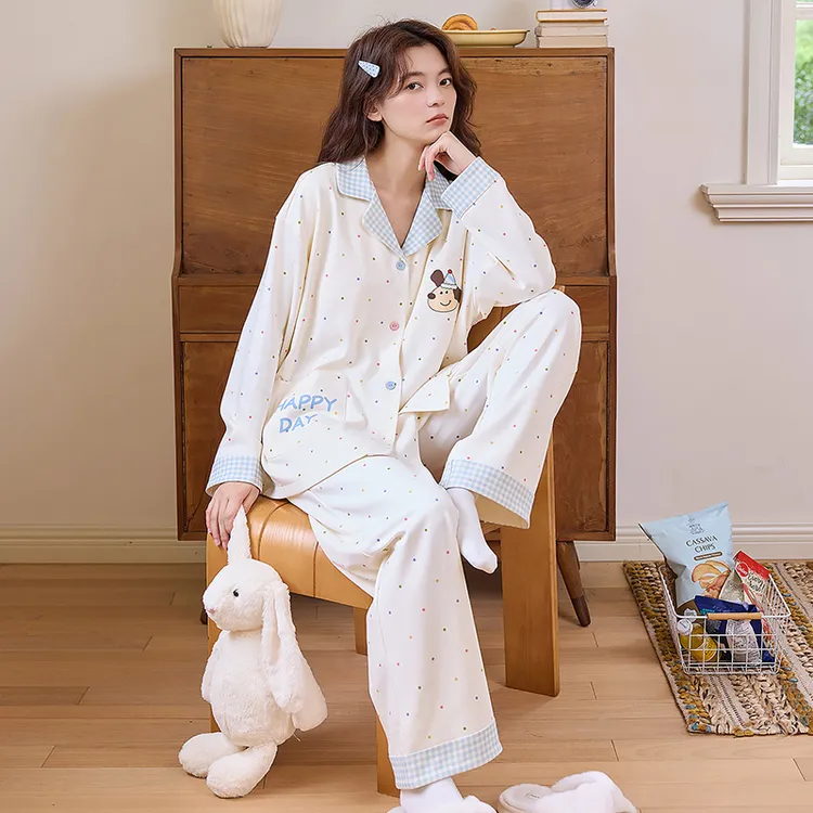 优琦诗开衫学生卡通甜美长袖长裤睡衣纯棉家居服宽松春秋款套装