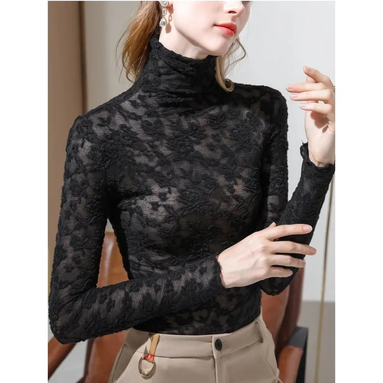 加绒加厚蕾丝打底衫女2025秋冬新款高领长袖t恤修身内搭保暖上衣