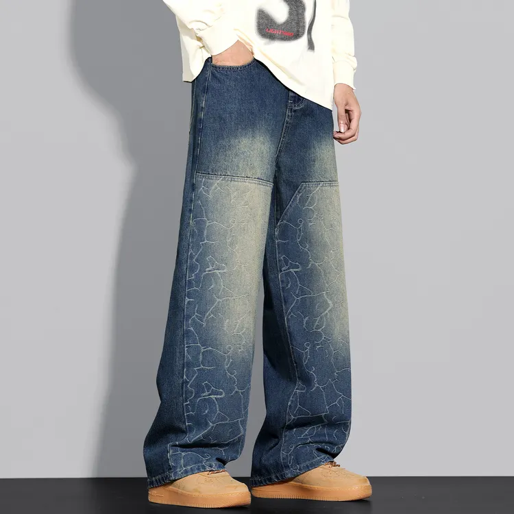 美式复古弯刀阔腿牛仔裤男款秋季百搭宽松高街休闲直筒水洗裤子潮
