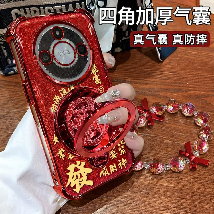 适用【荣耀x50/荣耀x60】暴富發财创意旋转支架全包四角防摔壳女款