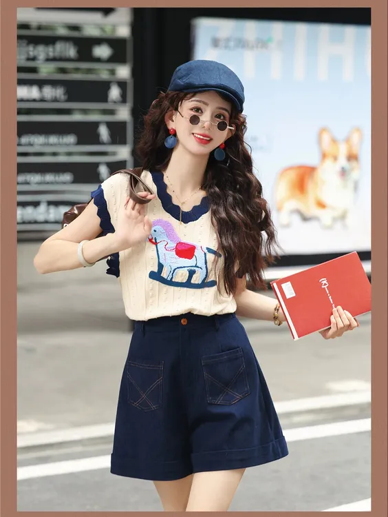 2025夏季新款韩系穿搭慵懒风刺绣休闲针织上衣搭配短裤显瘦两件套