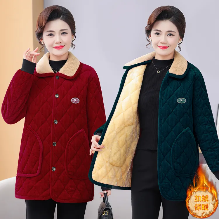 妈妈冬装外套中老年女士夹棉加绒加厚短款翻毛领棉衣保暖耐脏罩衣