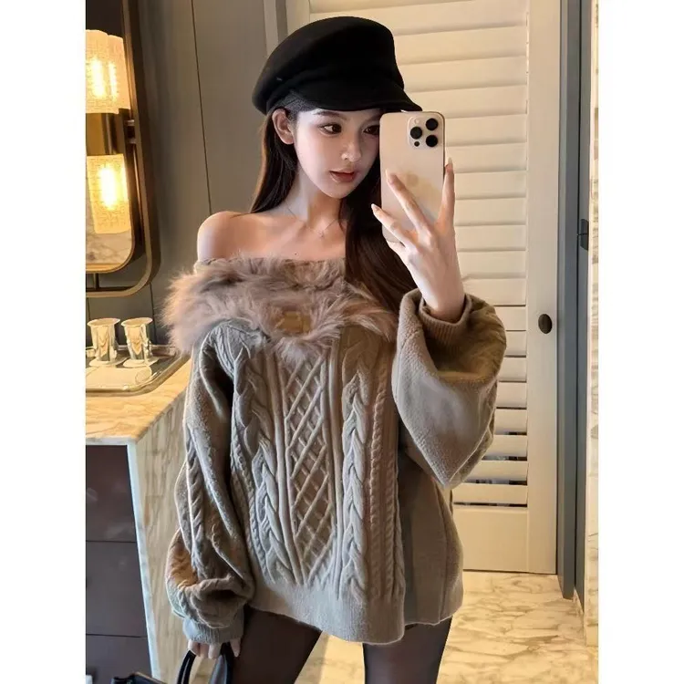 法式纯欲一字肩毛毛领针织显瘦气质上衣女新款冬季慵懒风加厚毛衣