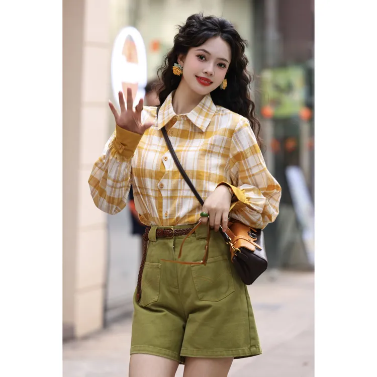 扣子家【摩登格调】港风复古格纹衬衫宽松格子衬衣KR0325166