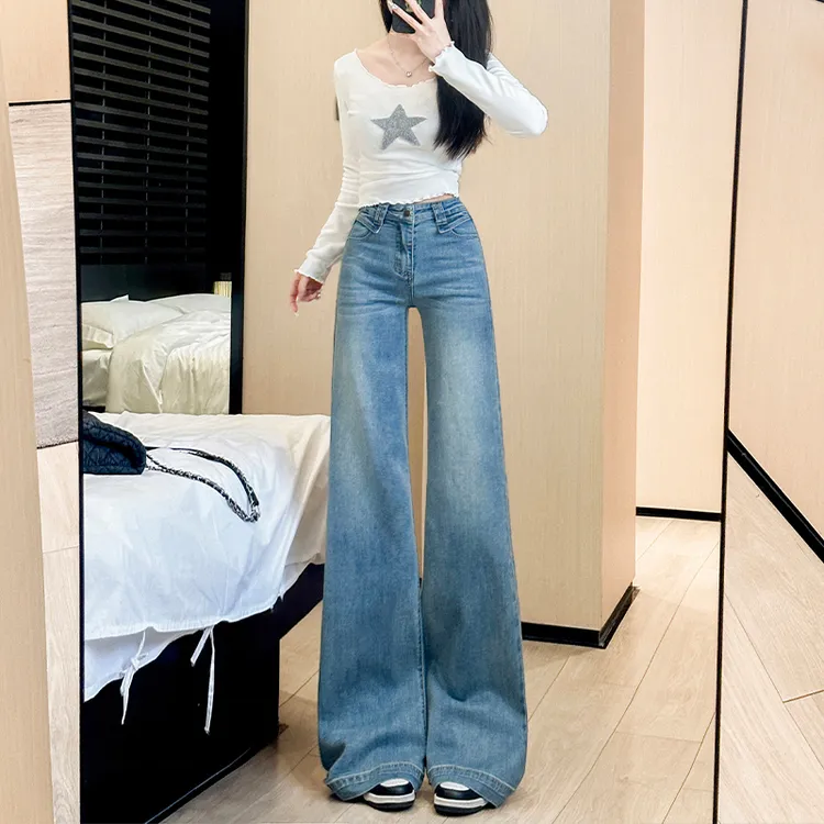 浅蓝高腰微喇牛仔裤女2025秋季新款显瘦显高弹力垂感小个子喇叭裤