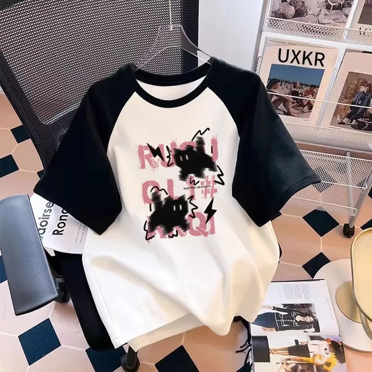纯棉洋气短袖t恤女黑白撞色夏季新款爆款宽松遮肉显瘦半袖上衣T恤