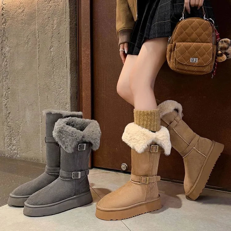 高筒灰色雪地靴女2025冬季新款厚底加绒加厚中长筒雪地棉靴子棉鞋