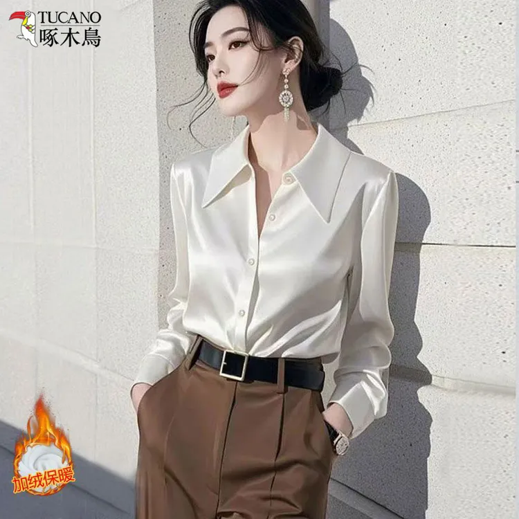 TUCANO/啄木鳥法式轻奢加绒白色衬衫女秋冬保暖洋气长袖内搭上衣