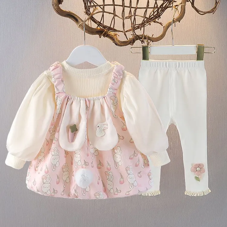 2025新款女童秋季长袖上衣三件套卡通可爱打底衫短款时尚儿童套装