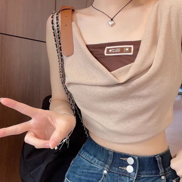新款显瘦抹胸吊带挂脖背心洋气荡领两件套夏季无袖外穿辣妹上衣