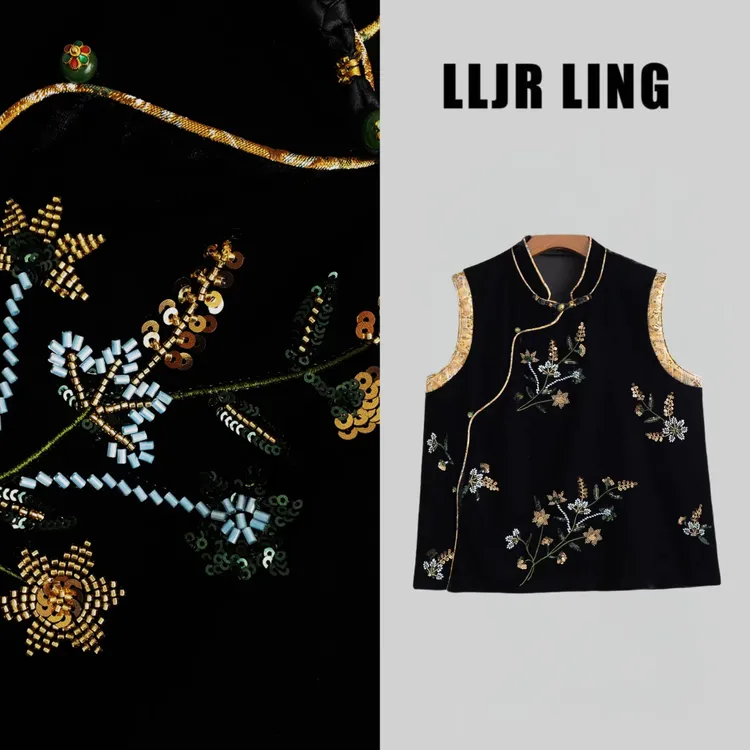 【楠姐】253759新中式斜襟金边立领刺绣马甲上衣女