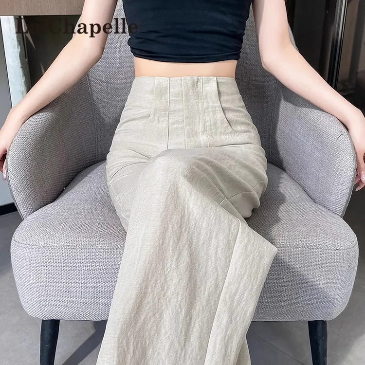 拉夏贝尔天丝亚麻阔腿裤女2025夏季新款小个子高腰垂感窄版直筒裤