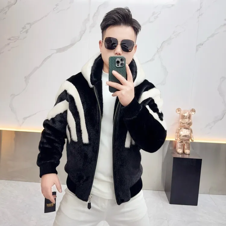 2025冬季新款男士保暖毛绒夹克时尚帅气个性设计感拼色连帽外套潮