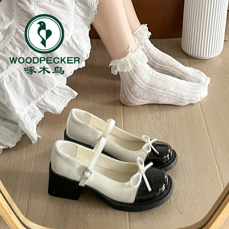 啄木鸟小香风玛丽珍鞋女2025新浅口蝴蝶结粗跟百搭配裙子jk小皮鞋
