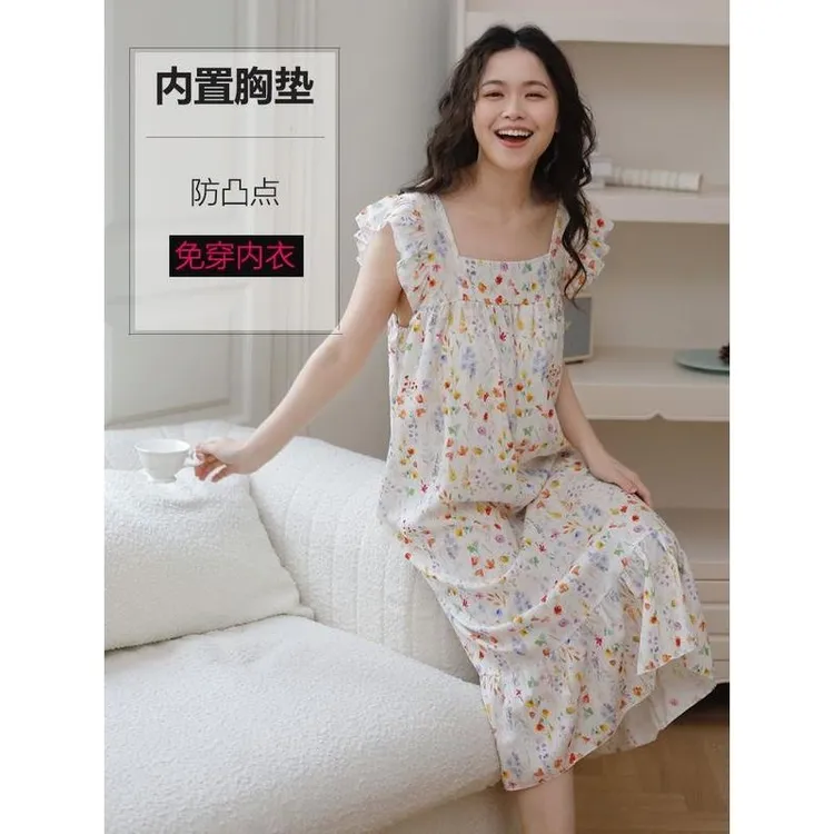 2025睡裙女夏季超薄棉绸透气自带胸垫免穿内衣可爱少女碎花连衣裙