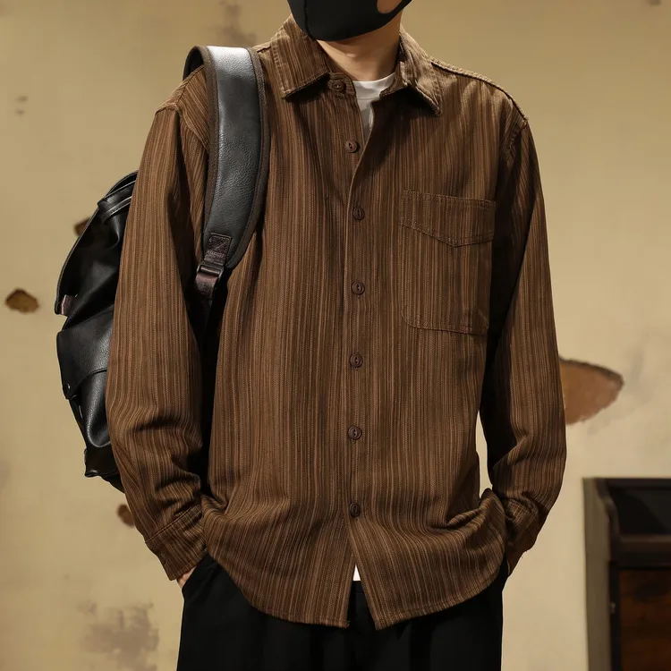 美式复古条纹肌理感长袖衬衫男士秋季新款宽松工装重磅衬衣外套男