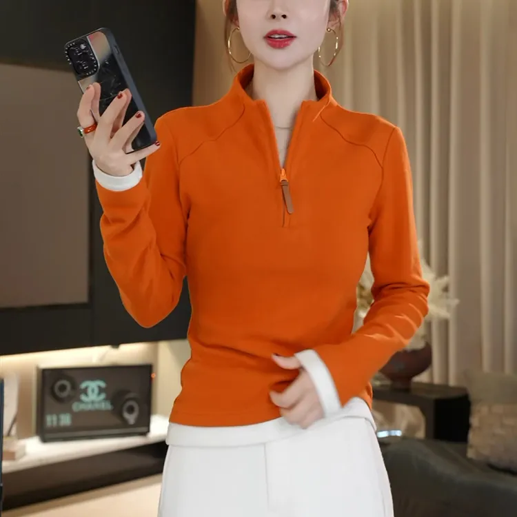 橘色半拉链立领长袖T恤女秋冬高级感修身显瘦内搭德绒打底衫上衣