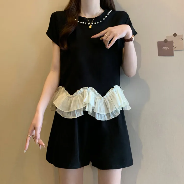 2025夏装新款大码女装胖mm小香风时尚拼接上衣休闲短裤两件套