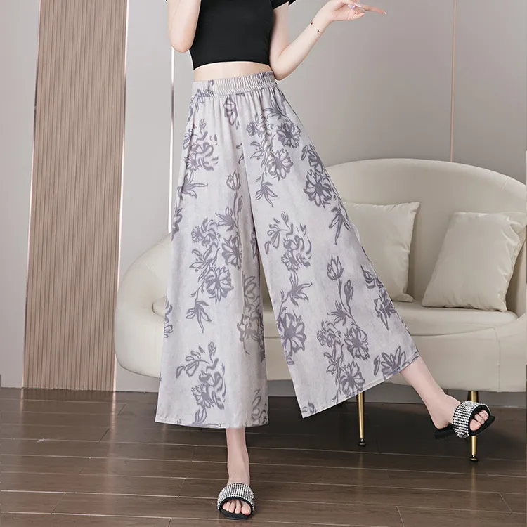 复古印花冰丝裙裤女2025夏季新款垂感显瘦松紧大码凉凉休闲半身裙