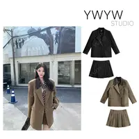 【YWYW25F/W】冬季皮领拼接毛呢复古外套+百褶修身短裙套装11350