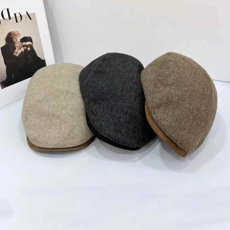 秋冬保暖高级感羊毛呢子前进帽子女休闲复古短檐反戴网红贝雷帽潮