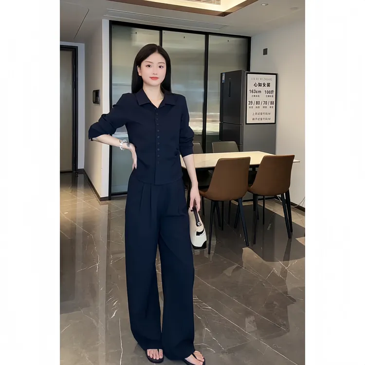 【XINRU心如】秋季新款老钱风时尚套装女翻领长袖衬衫宽松阔腿裤休闲两件套