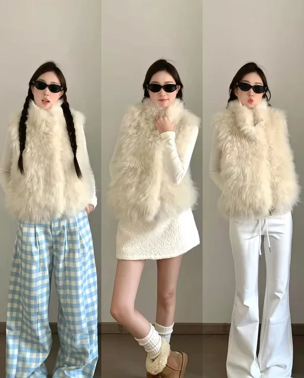 晴山暮雪 秋冬山羊绒毛羊毛皮草立领马甲皮毛一体加厚百搭外套女