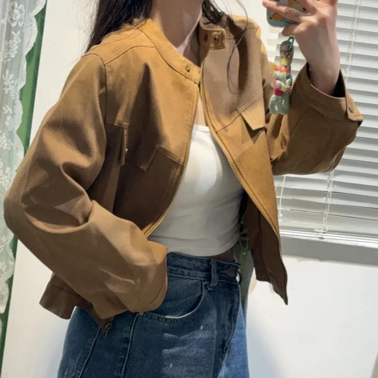 咖啡色复古立领夹克