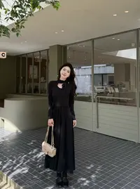 【巴黎旧梦】法式气质绑带蝴蝶结长袖连衣裙圆领收腰显瘦设计感长裙